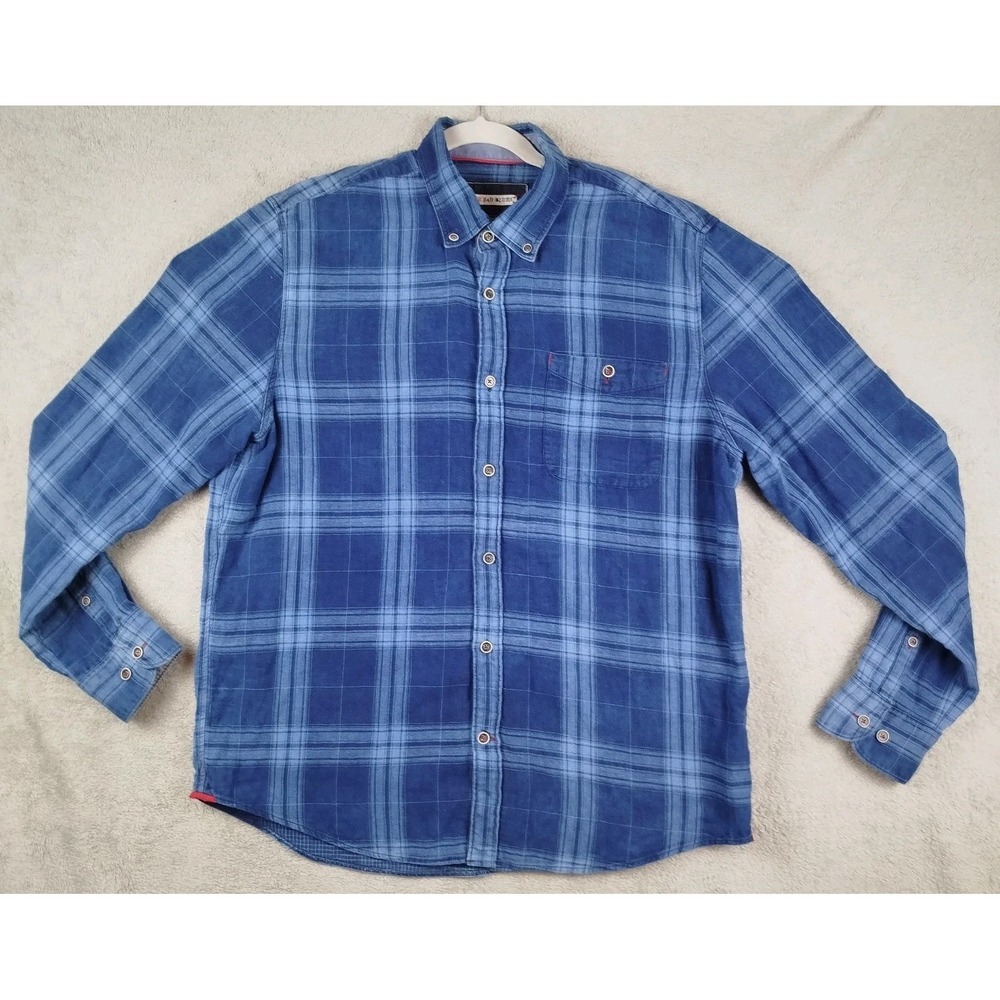 32 Bar Blues Blue Plaid Flannel Casual‎ Button Up Shirt Mens L Lumberjack Casual